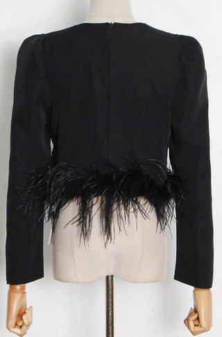 Feather-Trimmed  Long Sleeve Top