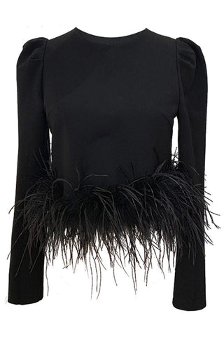 Feather-Trimmed  Long Sleeve Top