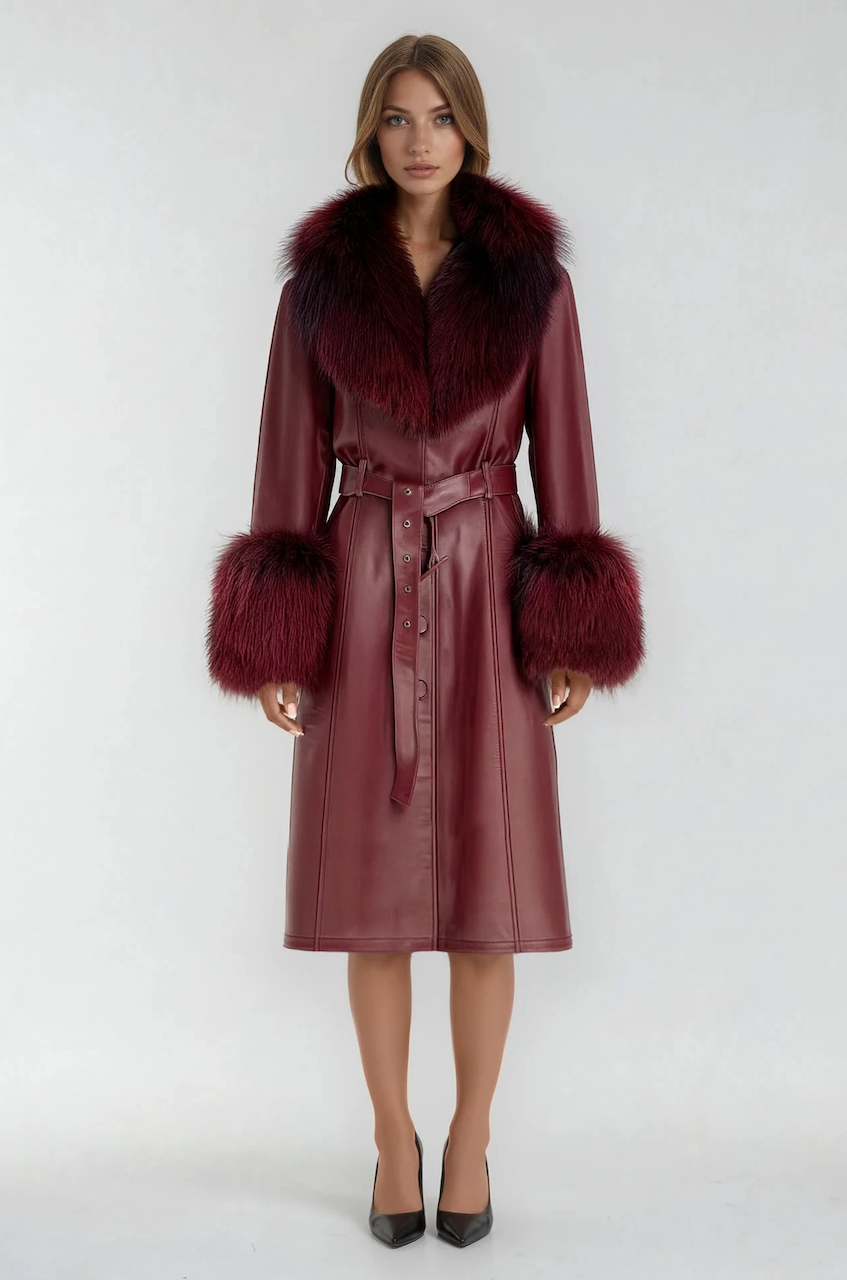 Zoie Fox Fur Collar Genuine Leather Trench Coat - Burgundy Burgundy / L/US 6 Zoie Fox Fur Collar Genuine Leather Trench Coat - Burgundy Burgundy / L/US 6