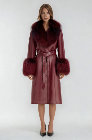 Zoie Fox Fur Collar Genuine Leather Trench Coat - Burgundy