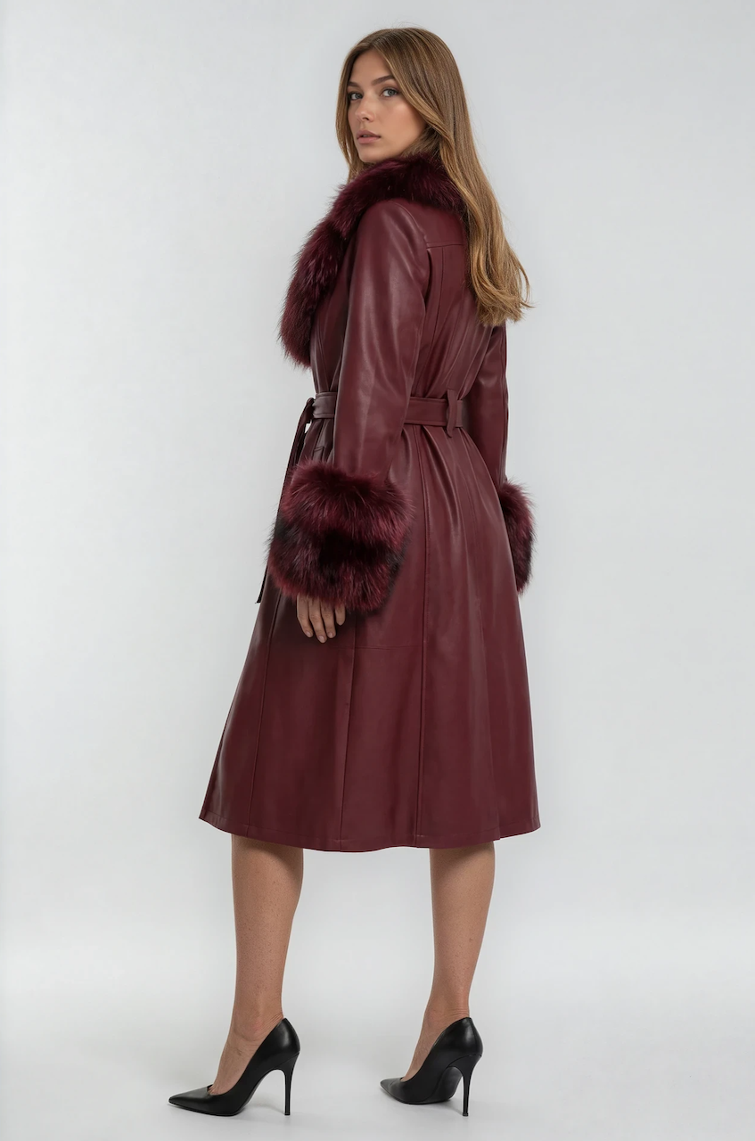 Zoie Fox Fur Collar Genuine Leather Trench Coat