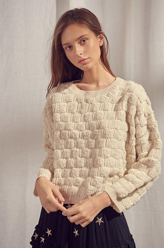 Ivory Fuzzy Basketweave Knit Sweater