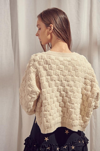 Ivory Fuzzy Basketweave Knit Sweater