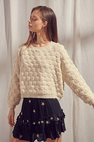 Ivory Fuzzy Basketweave Knit Sweater