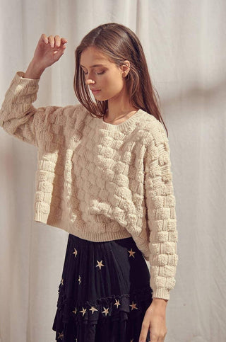 Ivory Fuzzy Basketweave Knit Sweater