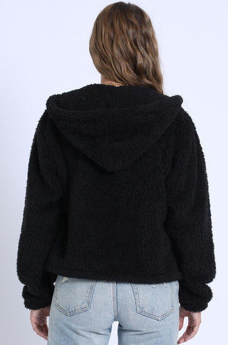 collared faux fur long sleeve fuzzy hood zip jacket