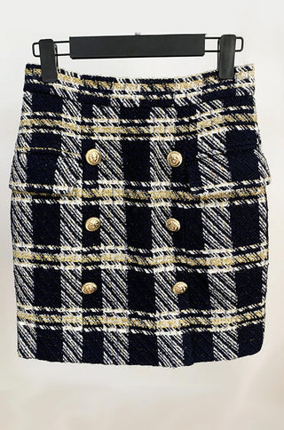 geometric tweed gold navy plaid mini skirt