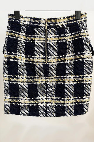 geometric tweed gold navy plaid mini skirt