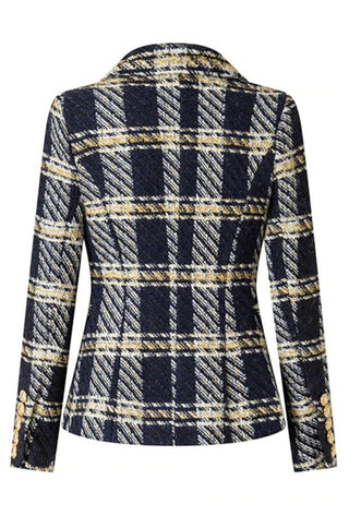 Gold Navy Plaid Tweed Double Breasted Blazer