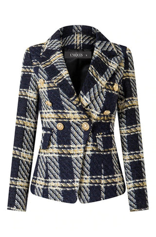 Gold Navy Plaid Tweed Double Breasted Blazer