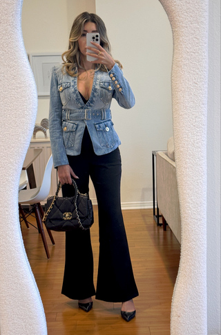 Nova Denim Blazer – Belted Gold Button