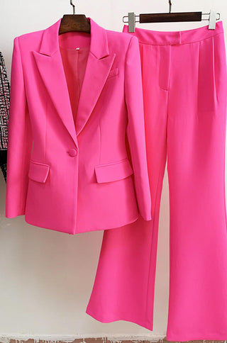 hot pink long sleeve collared blazer wide leg pants set