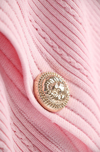 Knitted Cardigan Mini Skirt Set - Pink Button Close Up