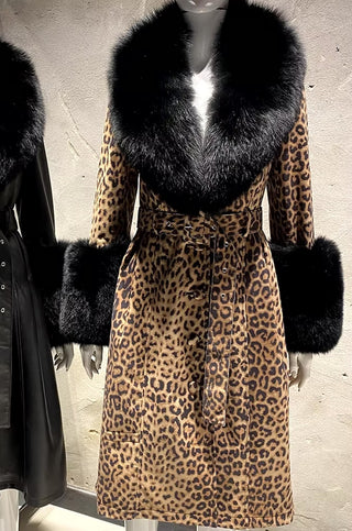 Leopard Print Genuine Leather Trench Coat