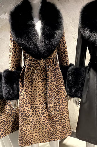 Leopard Print Genuine Leather Trench Coat