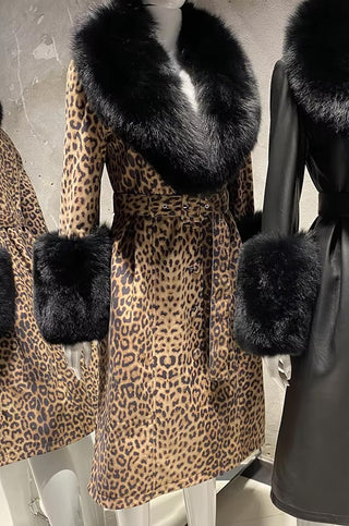 Leopard Print Genuine Leather Trench Coat