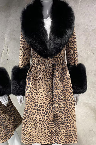 Leopard Print Genuine Leather Trench Coat