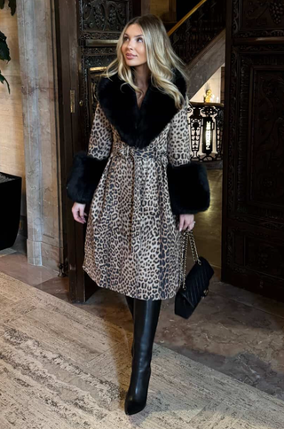 Leopard Print Genuine Leather Trench Coat
