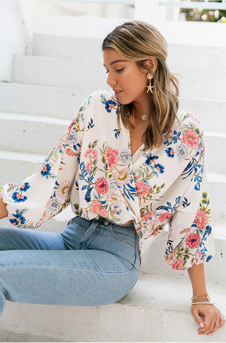 White floral long sleeve drape front wrap v-neck loose blouse top