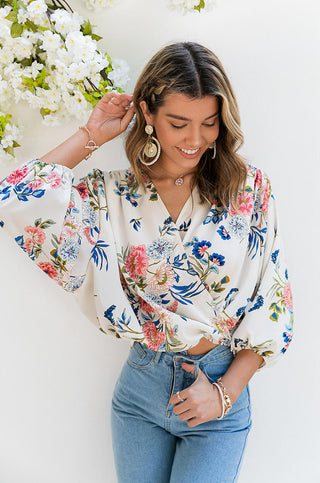 White floral long sleeve drape front wrap v-neck loose blouse top