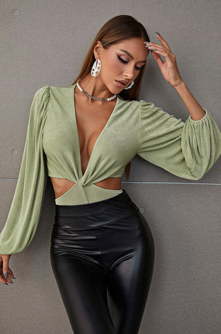 plunging neckline long sleeve mid cutout bodysuit