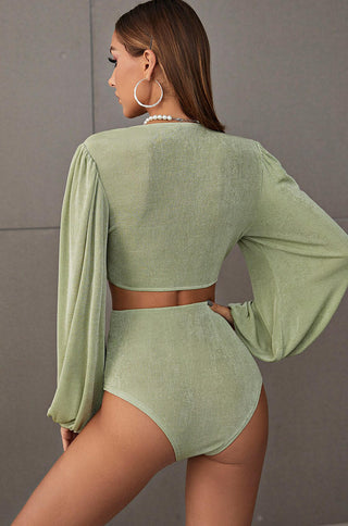 plunging neckline long sleeve mid cutout bodysuit