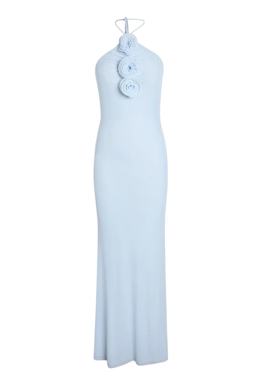 Maya Floral-applique Halter-neck Maxi Dress Baby Blue / M Maya Floral-applique Halter-neck Maxi Dress Baby Blue / M