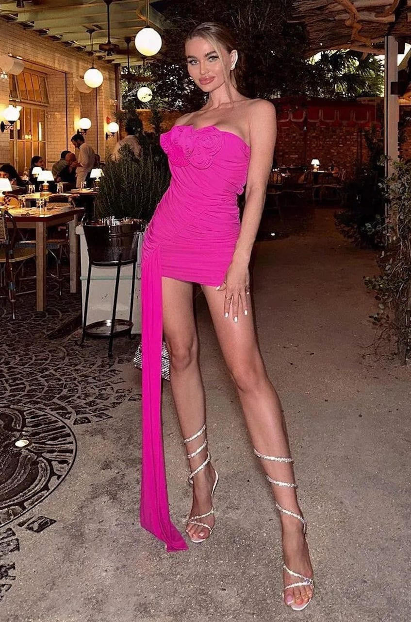 Maya Rose-embellished Draped Minidress Fuchsia / S Maya Rose-embellished Draped Minidress Fuchsia / S