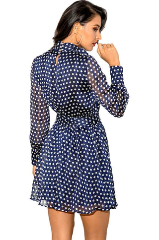 dark blue polkadot chiffon skater dress