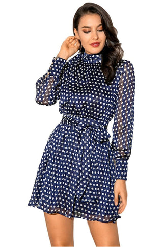 dark blue polkadot chiffon skater dress