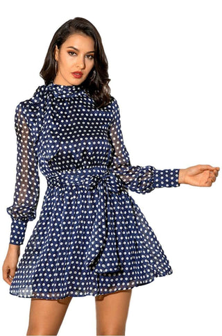 dark blue polkadot chiffon skater dress