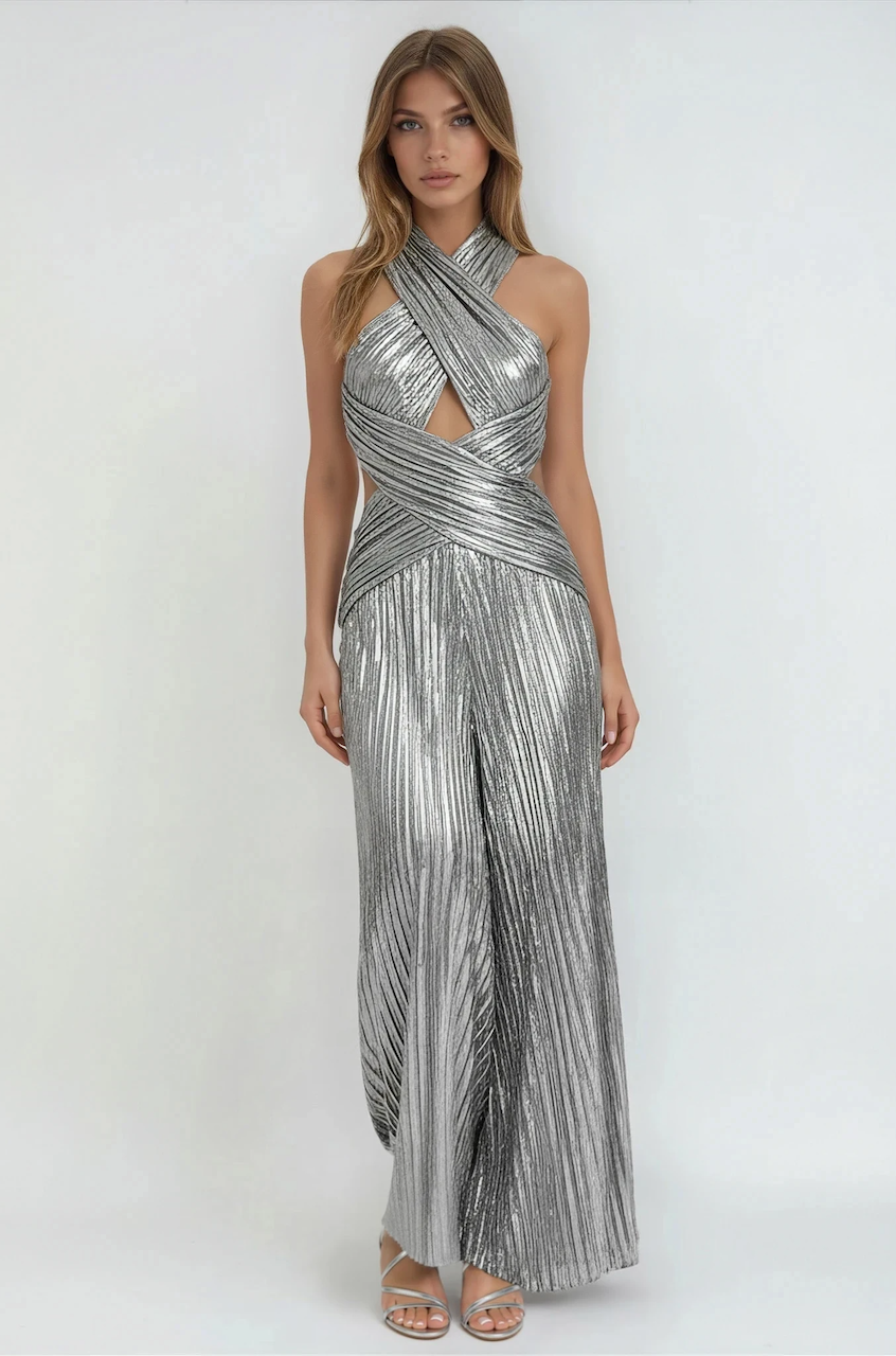 Metallic Criss Cross Halter Neck Gown shopUNIQUES.com Metallic Criss Cross Halter Neck Gown shopUNIQUES.com