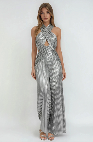 Metallic Criss Cross Halter Neck Gown