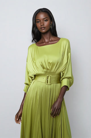 Miranda Avocado Green Satin Midi Dress