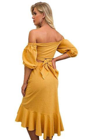 Mustard yellow linen crop top and midi skirt set