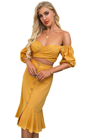 Mustard yellow linen crop top and midi skirt set