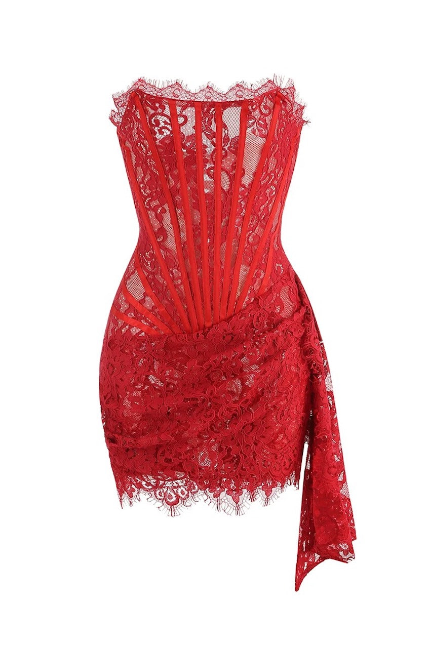 Naomi Lace Draped Mini Dress Red / XS Naomi Lace Draped Mini Dress Red / XS