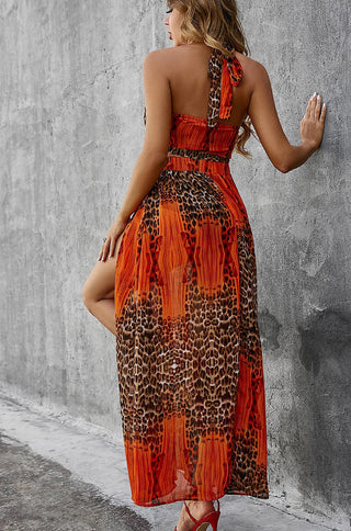 open criss cross sleeveless orange leopard maxi dress