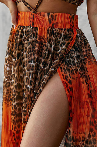 open criss cross sleeveless orange leopard maxi dress