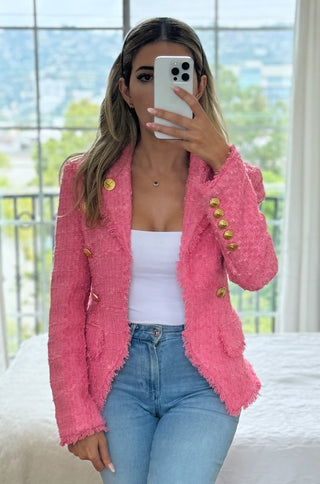 Pink Double-breasted Tweed Blazer