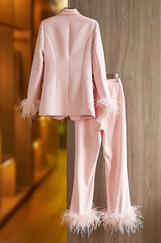 Pink Feather Blazer Pants Set