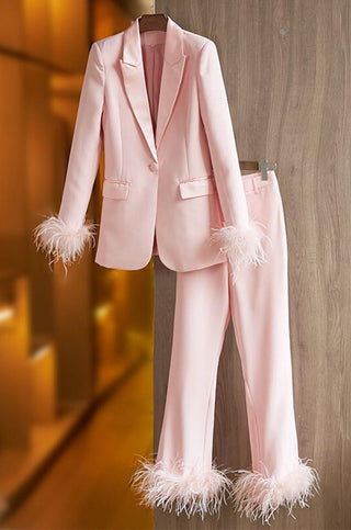 Pink Feather Blazer Pants Set