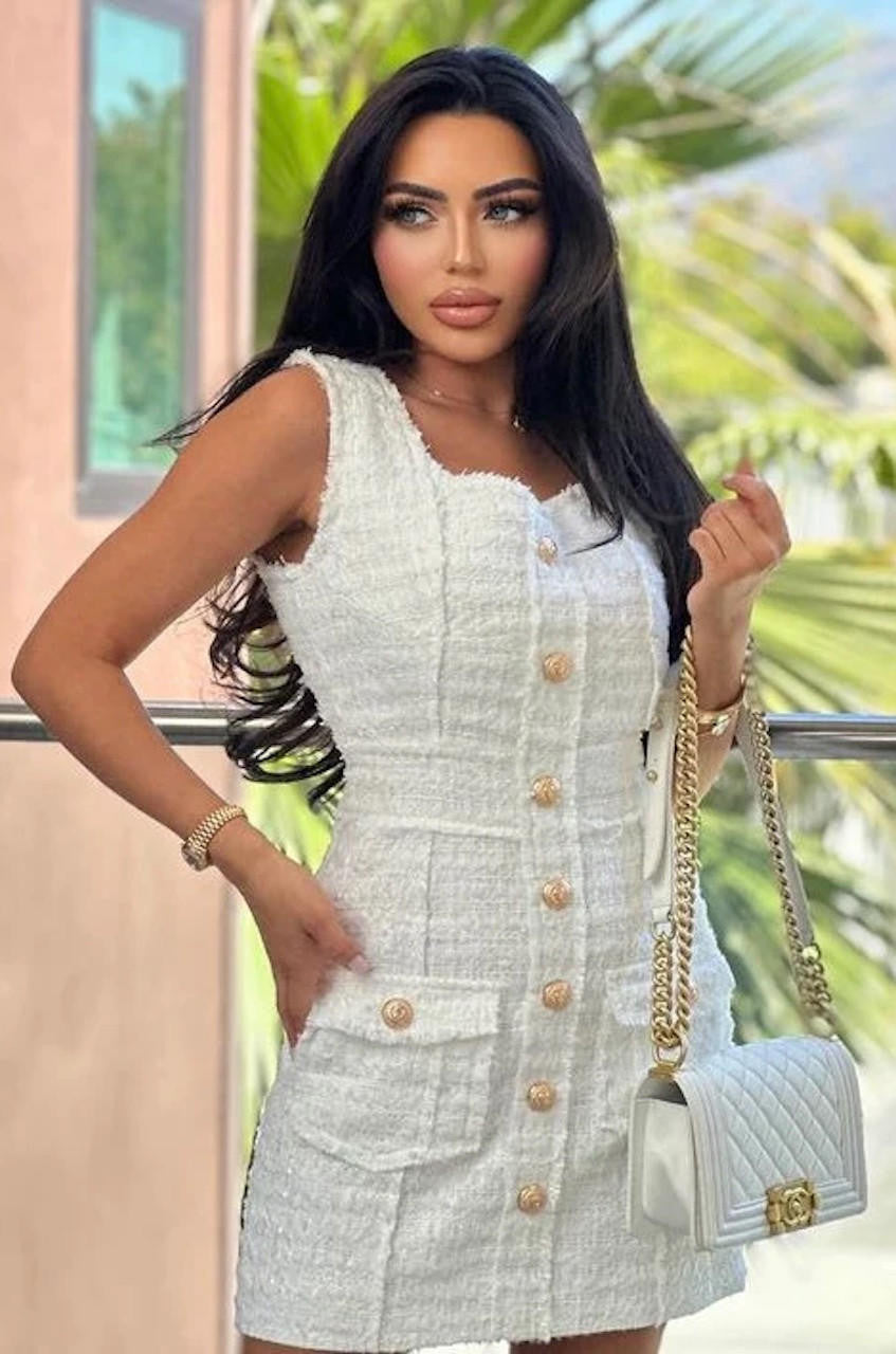 Popal Button Embellished Tweed Minidress White / XL / US 8 Popal Button Embellished Tweed Minidress White / XL / US 8