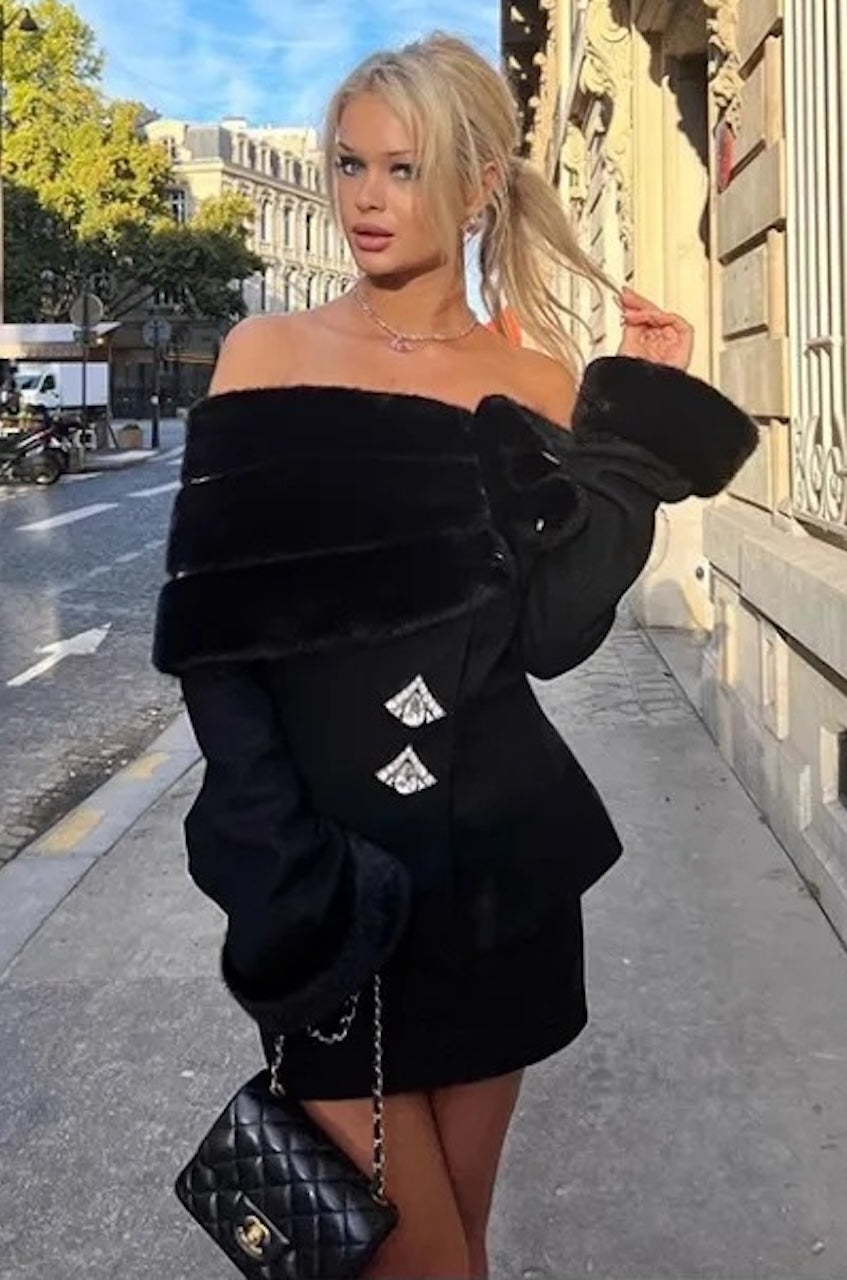 Porscia Off Shoulder Fur Jacket Skirt Set –