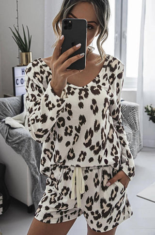 Leopard print lounge set. The set includes a long sleeve shirt and shorts.