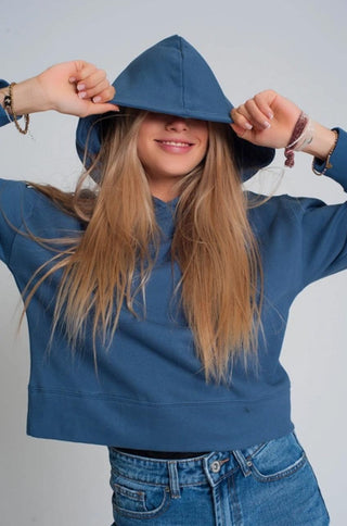 Long sleeves blue hooded sweatshirt with ribbed trims