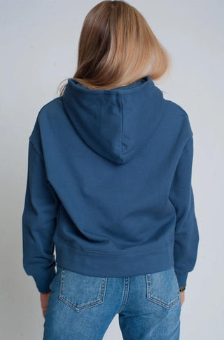 Long sleeves blue hooded sweatshirt with ribbed trims