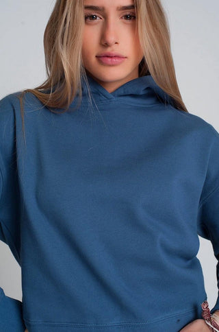 Long sleeves blue hooded sweatshirt with ribbed trims