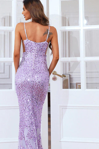 sleeveless v-neck open back purple sequin maxi dress