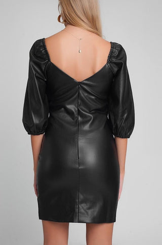 Q2 black puff sleeve faux leather mini dress